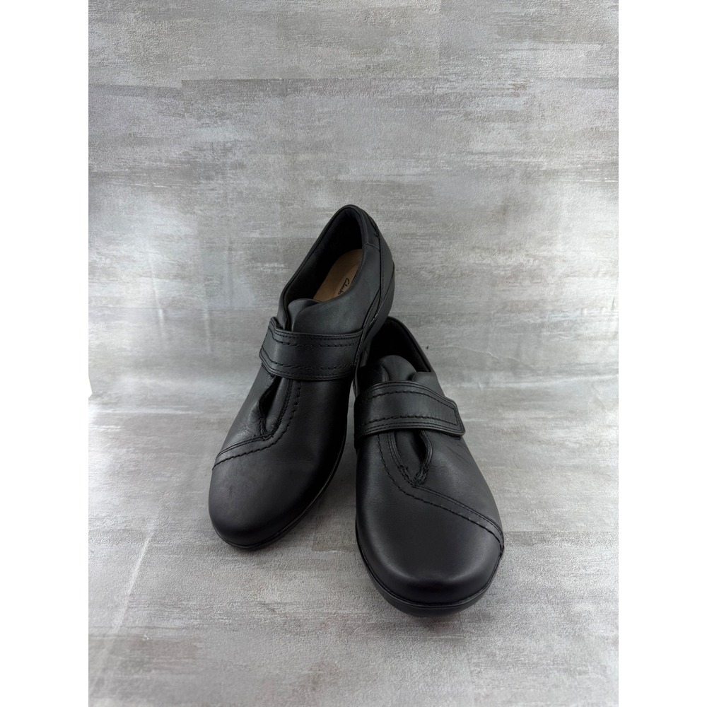 Clarks Collection Cushion Soft Black Leather Hook Loop Loafer Shoes Women Sz 7.5